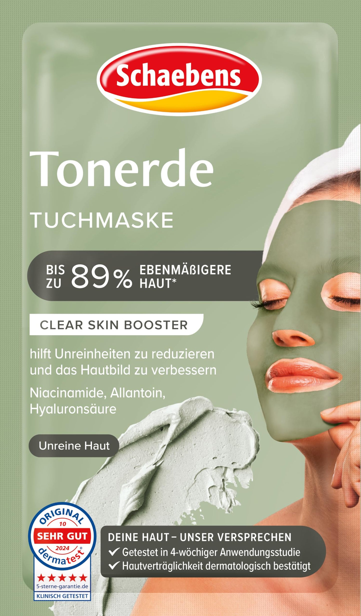 Loksnes maska problemātiskai ādai Schaebens Tonerde Tuchmaske Clear Skin Booster ar niacinamīdu, alantoīnu un hialuronskābi, 1 gab.
