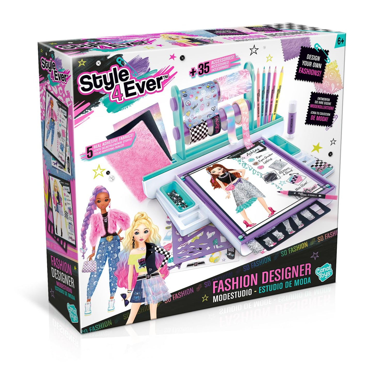 Kanvas Toys Style 4 Ever Fashion Designer modes planšete radošais zīmēšanas un rokdarbu komplekts bērniem no 6 gadiem, pilns modes dizaina studijas koferis ar audumiem, šabloniem un uzlīmēm, OFG 276