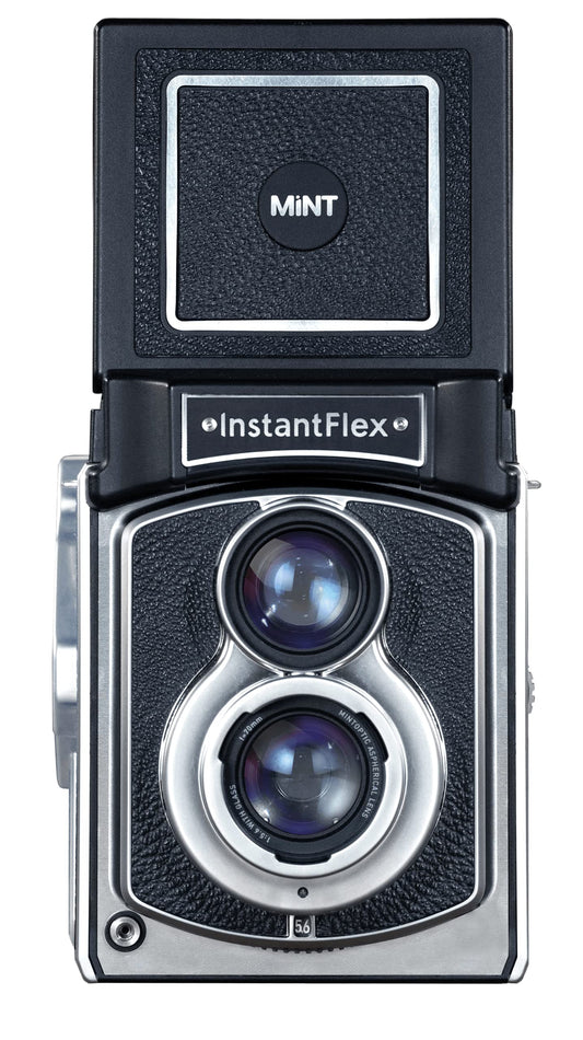 Mint InstantFlex TL70.Plus - Instant camera for Fuji Instax Square film, features dual lens and vintage design.
