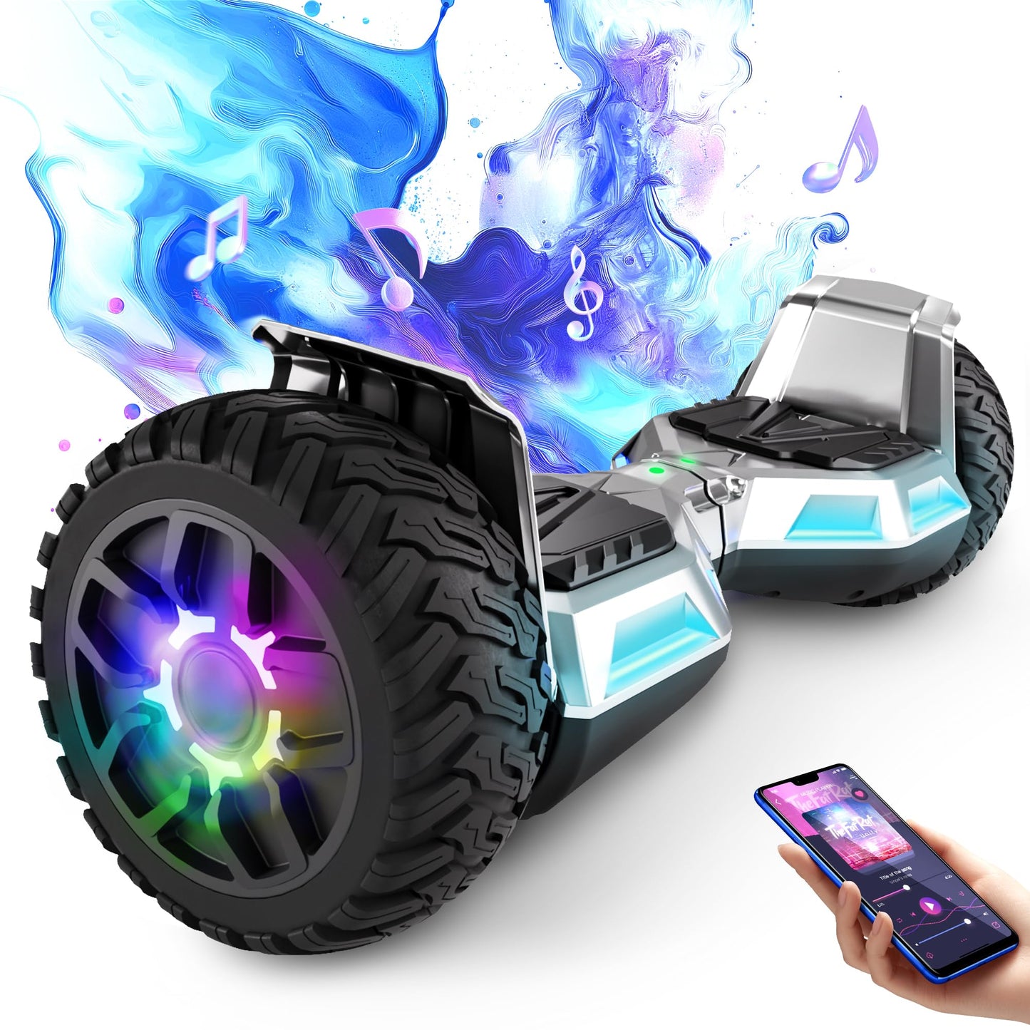 8,5 collu bezceļa hoverboards ar Bluetooth un LED gaismām, jaudīgu dubulto motoru pieaugušajiem un bērniem, sudraba krāsā