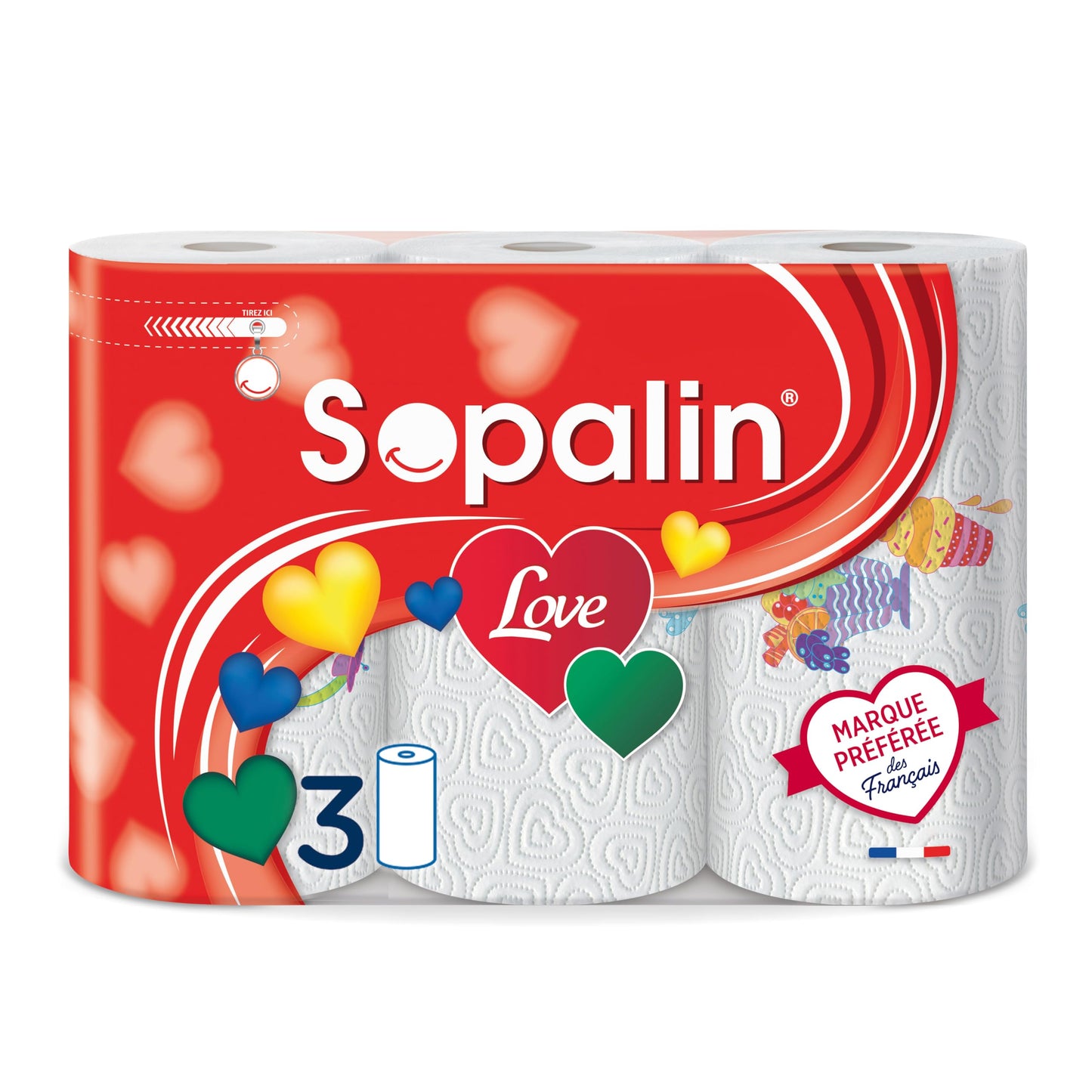 Virtuves papīra dvieļi Sopalin Love, 3 ruļļi, 3 slāņi, oriģināls dizains, iepakojums no 80% pārstrādātas plastmasas, FSC® sertificēts papīrs (C017535)