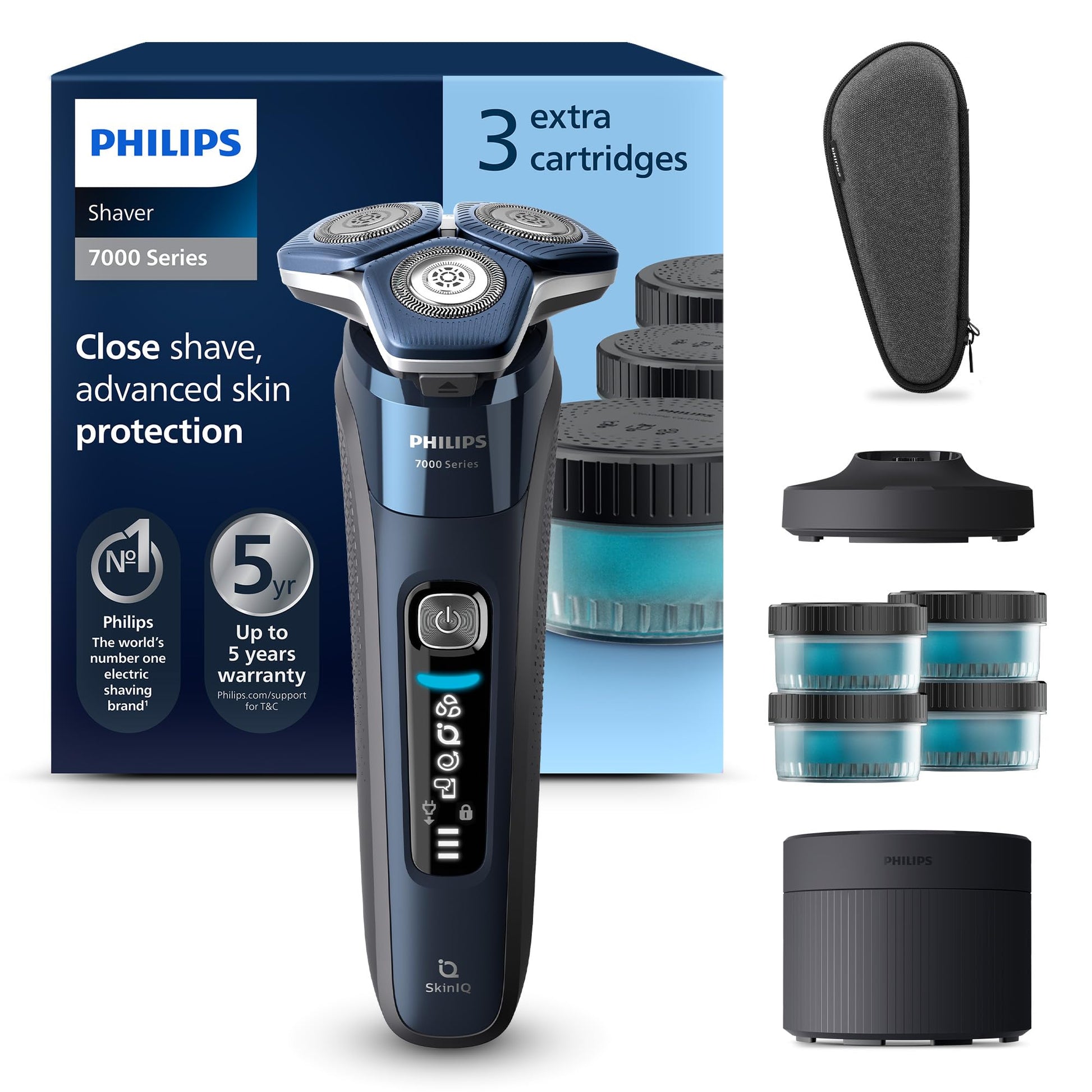 PHILIPS Skūšanās sērija 7000 – Elektriskais mitrās un sausās skūšanās skuveklis vīriešiem ar iznirstošu trimmeri, tīrīšanas staciju, 4 x tīrīšanas kasetnēm, uzlādes staciju un ceļojuma somiņu (modelis S7885/63)