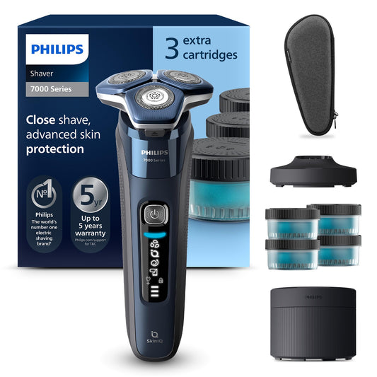 PHILIPS Skūšanās sērija 7000 – Elektriskais mitrās un sausās skūšanās skuveklis vīriešiem ar iznirstošu trimmeri, tīrīšanas staciju, 4 x tīrīšanas kasetnēm, uzlādes staciju un ceļojuma somiņu (modelis S7885/63)
