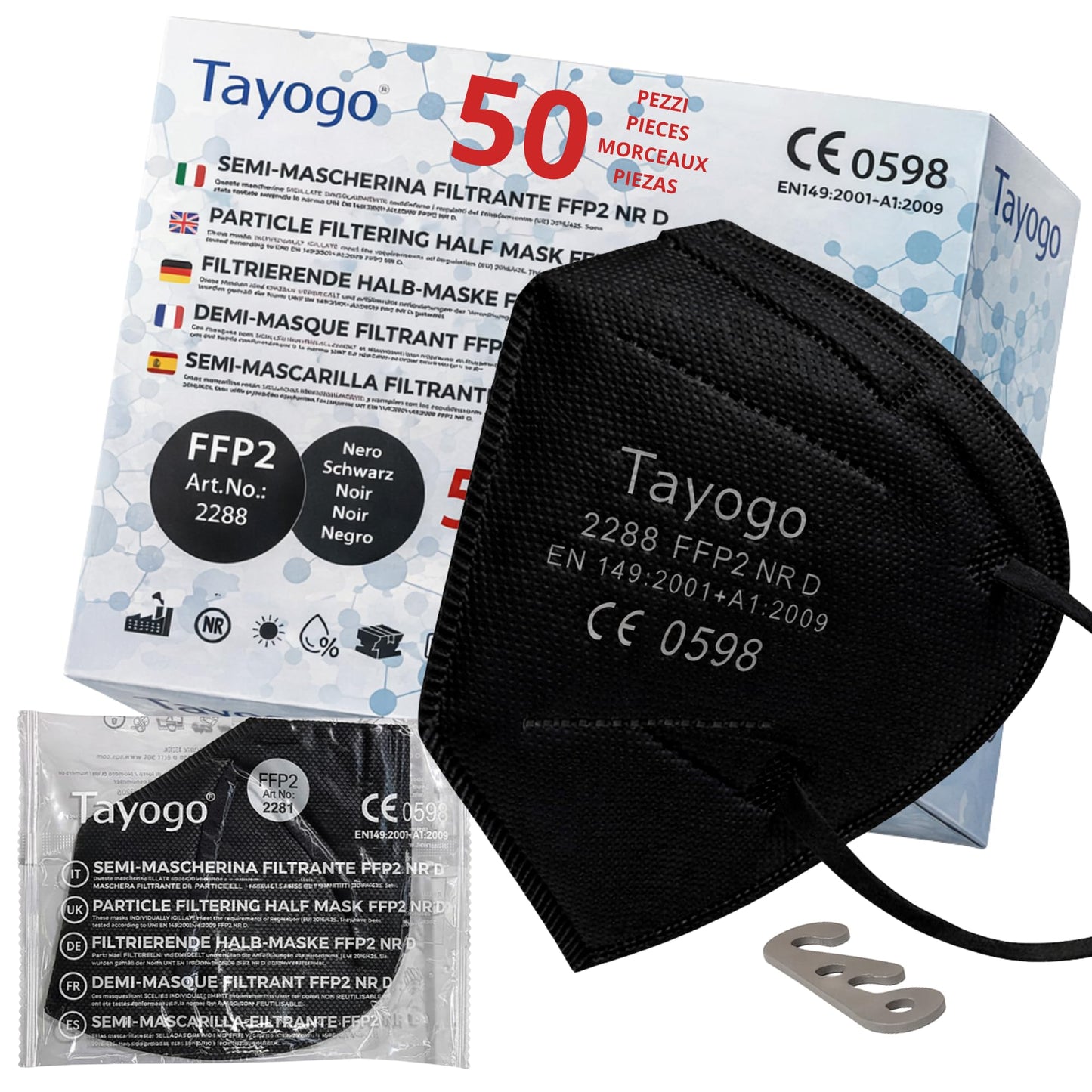Tayogo FFP2 maskas, 50 gab., CE 0598, 5 slāņi, filtrācijas efektivitāte ≥ 99,5%, hipoalerģiskas, ērtas, bez smaržas, atsevišķi iepakotas + 2 ausu aizsargi