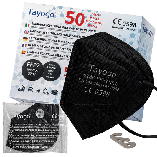 Tayogo FFP2 maskas, 50 gab., CE 0598, 5 slāņi, filtrācijas efektivitāte ≥ 99,5%, hipoalerģiskas, ērtas, bez smaržas, atsevišķi iepakotas + 2 ausu aizsargi