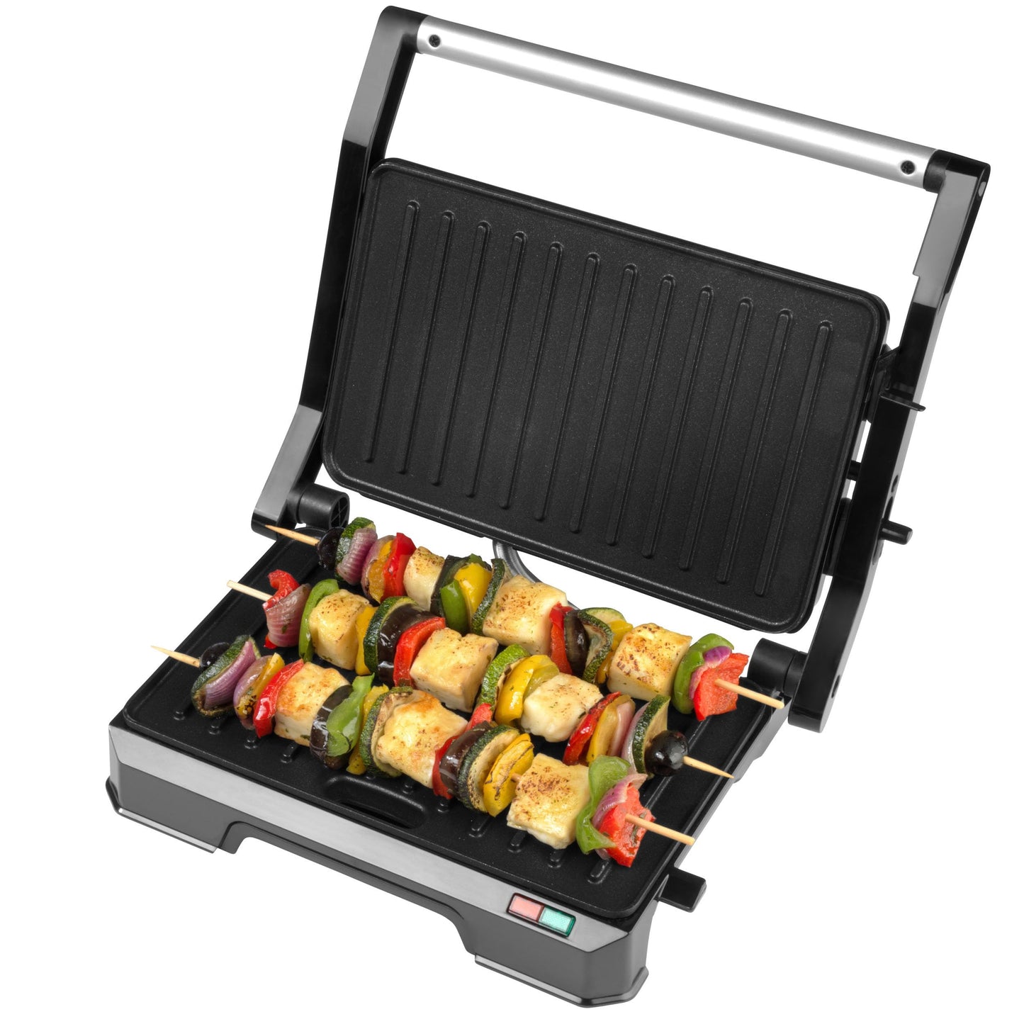 Progress EK5854P 2-in-1 veselības grils - Panini prese, elektriskais grils ar nelipīgām plāksnēm, atveras līdz 180° divkāršai gatavošanai, noņemams pilienu trauks, viegli tīrāms, 850W