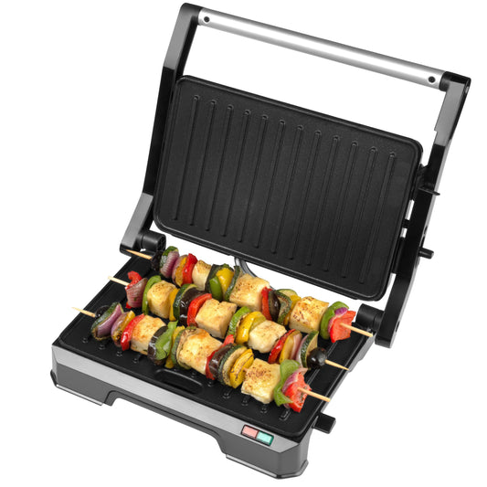 Progress EK5854P 2-in-1 veselības grils - Panini prese, elektriskais grils ar nelipīgām plāksnēm, atveras līdz 180° divkāršai gatavošanai, noņemams pilienu trauks, viegli tīrāms, 850W