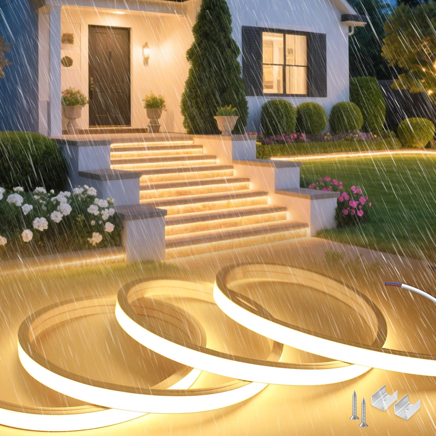 LED lente SUCIKORIO 5m bez barošanas avota 230V tiešais pieslēgums, silikona, ūdensizturīga, ugunsdroša, IP65, LED strip Warmweiss 3000K 10mm, saīsināma, gaismu virtene āra apgaismojumam