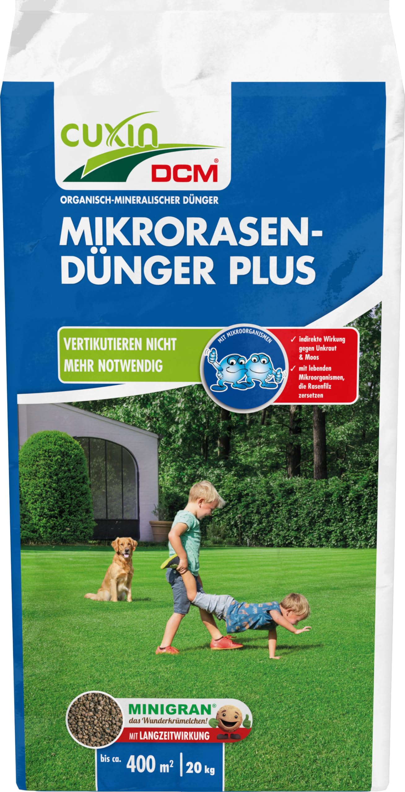 Mēslojums zālienam CUXIN DCM Mikrorasen-Dünger Plus 20 kg, ilgstošas darbības organоминеральный NPK mēslojums, MINIGRAN® TECHNOLOGY, līdz 400 m², bez skarifikācijas