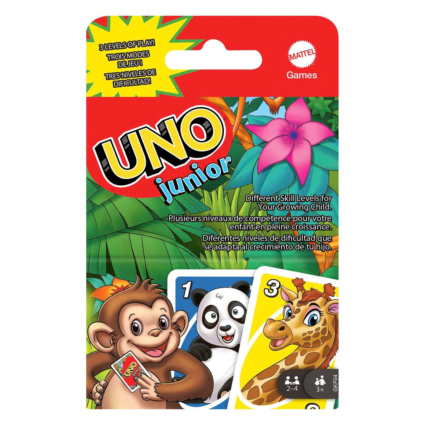UNO Junior kāršu spēle, Mattel Games, vienkāršota versija ar zoodārza dzīvniekiem, 3 grūtības līmeņi, no 3 gadiem, GKF04