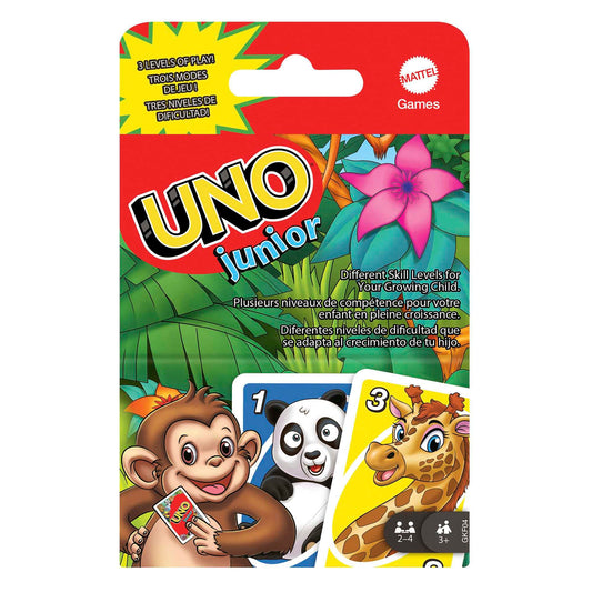 UNO Junior kāršu spēle, Mattel Games, vienkāršota versija ar zoodārza dzīvniekiem, 3 grūtības līmeņi, no 3 gadiem, GKF04