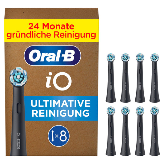 Oral-B iO Ultimātā tīrīšana uzgali — ORIĢINĀLA zobu birstes uzgalis elektriskajām Oral-B iO zobu birstēm — rezerves birstes, birstes galvas — dziļa tīrīšana un plāksnes noņemšana — melns, 8 gab.