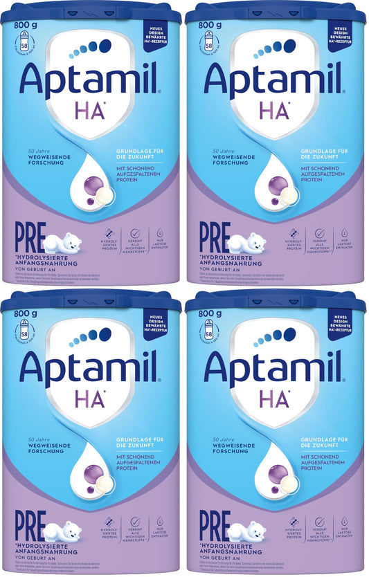 Aptamil HA PRE zīdaiņu maisījums no dzimšanas, ar DHA, tikai laktoze, bez palmu eļļas, 800 g (4 iepakojumi)