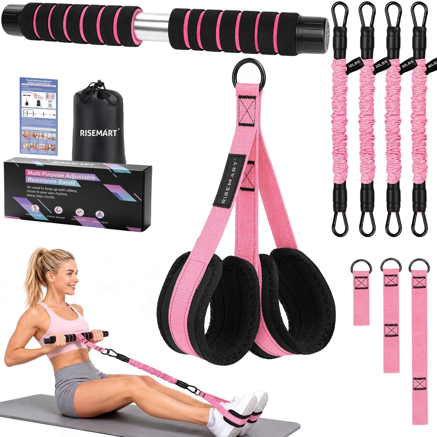Bauchtrainer lente ar 4 caurulēm, regulējama pretestības lente ar rokturi