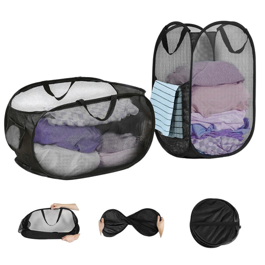 2 salokāmu tīkla veļas grozu komplekts ar rokturiem, Pop-Up grozi ceļojumiem, vannas istabai, kempingam un studentu kopmītnei, 35 * 35 * 55cm / 36 * 35 * 58cm