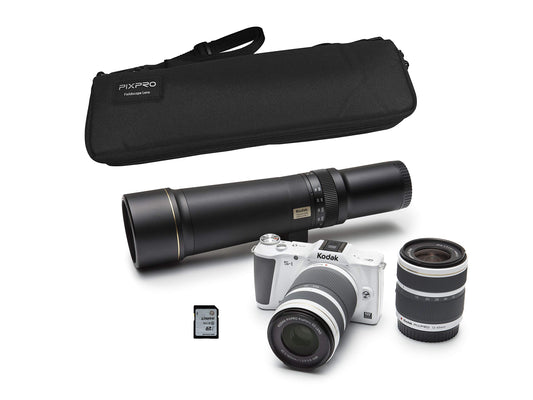 18. Kodak S-1 hibrīdkamera (Full HD video, 16 MP CMOS, Wi-Fi, 3 objektīvi + 2 korpusi + 16 GB atmiņas karte) balta