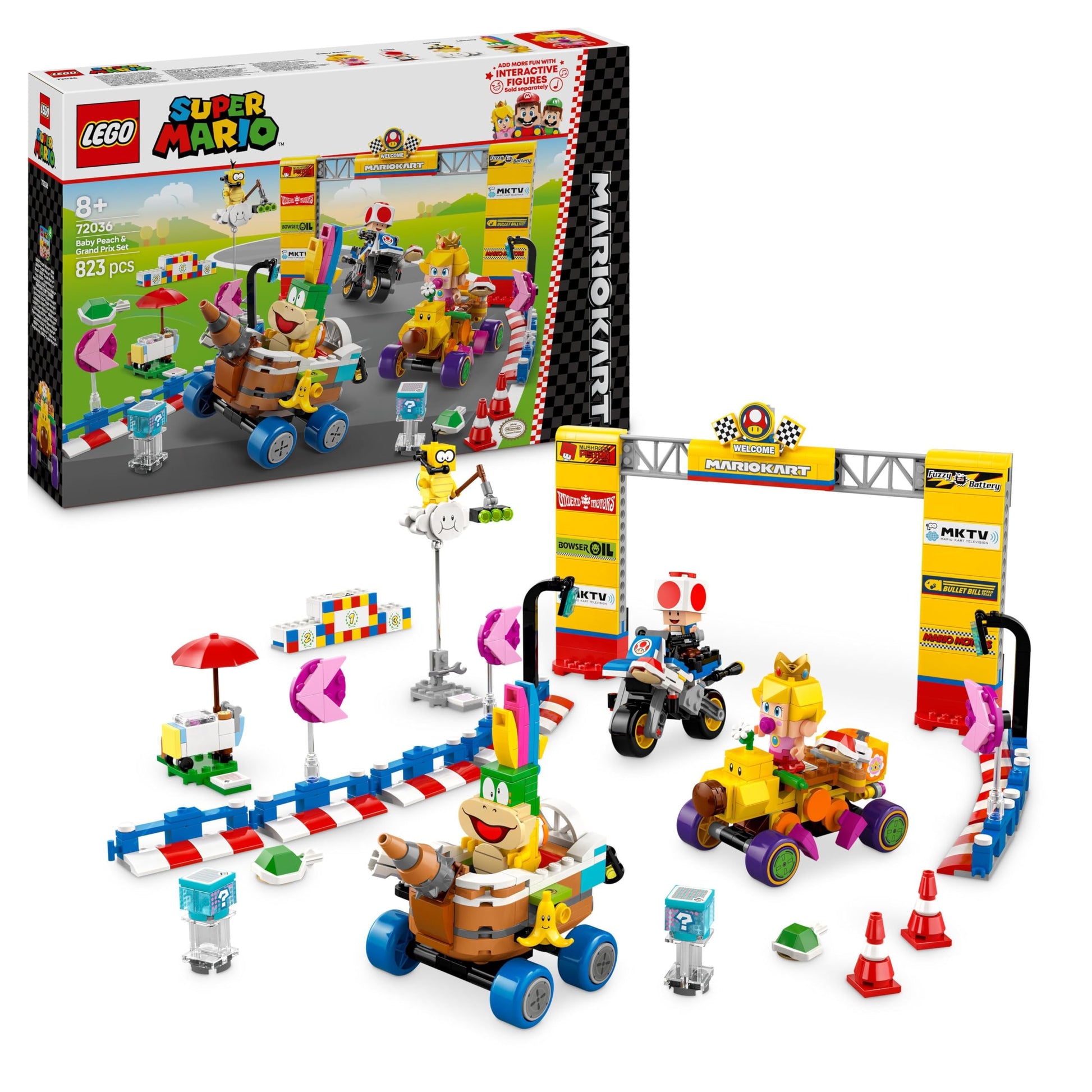 LEGO Super Mario: Mario Kart – Mazā Pīča un Grand Prix komplekts ar Krupi, Lakitu, Lemiju, dāvana bērniem no 8 gadiem.