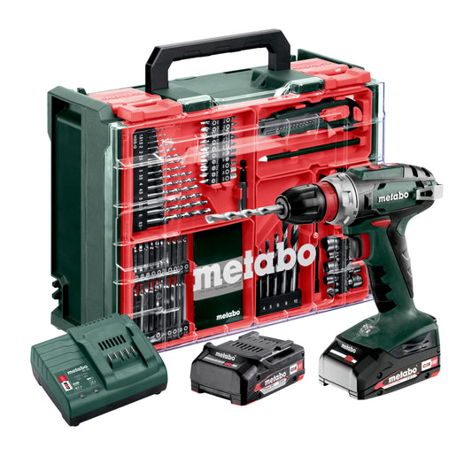 Metabo BS 18 Quick Set - 18V cordless drill, 2 x 2Ah LiPOWER batteries, SC 30 charger, 74-piece mobile workshop case.