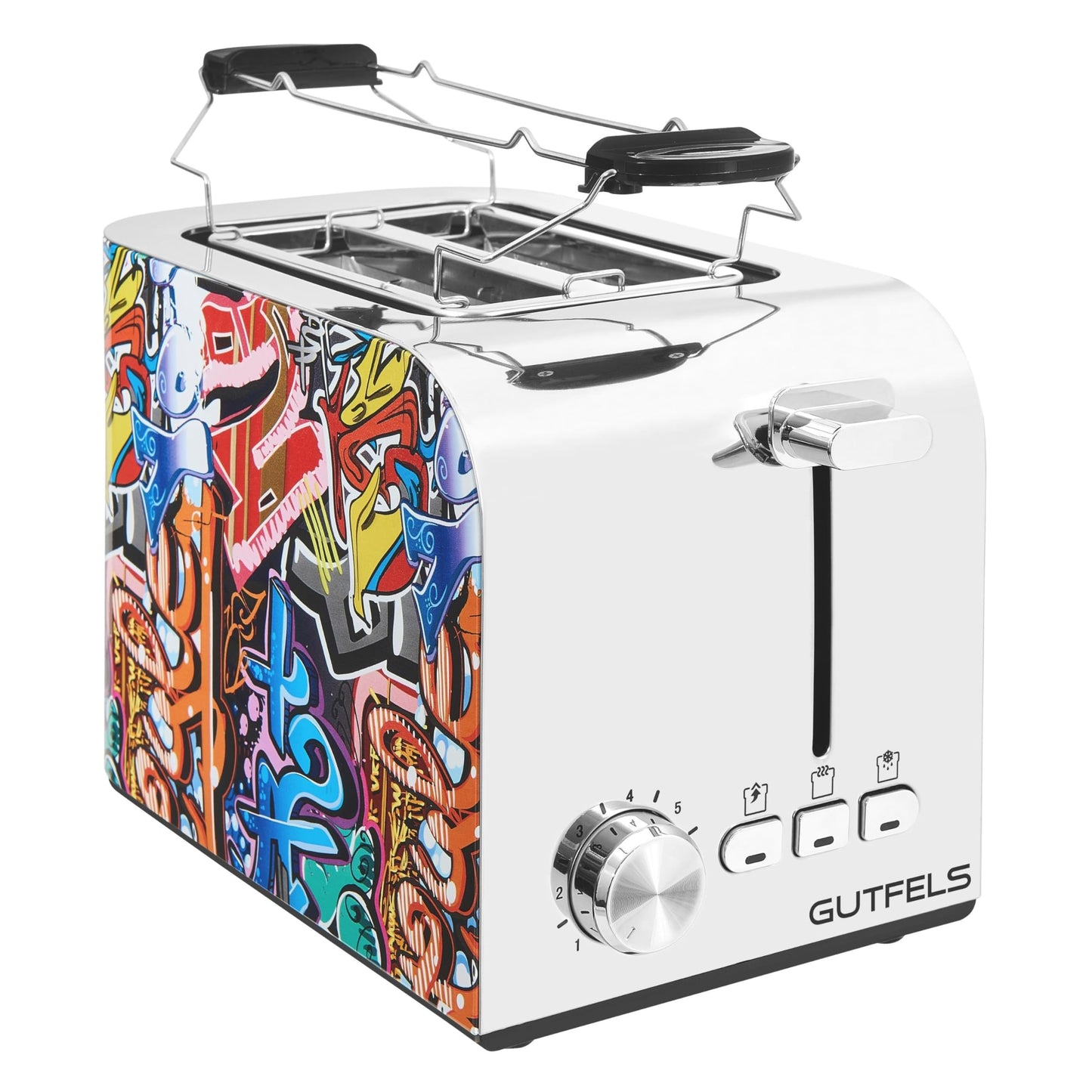 Gutfels TOAST 3010 G | Toaster 2 šķēles ar maizes uzgaļa piederumu | 7 jaudas līmeņi | 850 W | Atsaldēšanas, uzsildīšanas, apstāšanās funkcija | Toastera dizains Graffiti-stilā