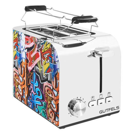 Gutfels TOAST 3010 G | Toaster 2 šķēles ar maizes uzgaļa piederumu | 7 jaudas līmeņi | 850 W | Atsaldēšanas, uzsildīšanas, apstāšanās funkcija | Toastera dizains Graffiti-stilā