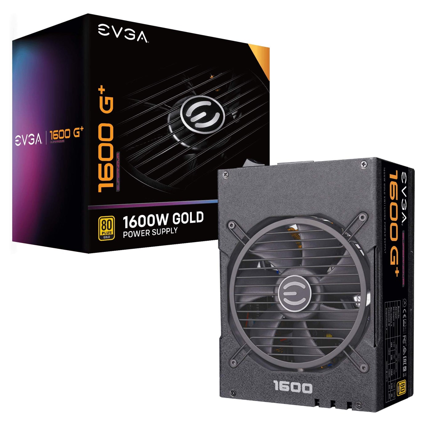EVGA SuperNOVA 1600 G+ - 80+ GOLD certified, fully modular, 1600W power supply, sleek black design.