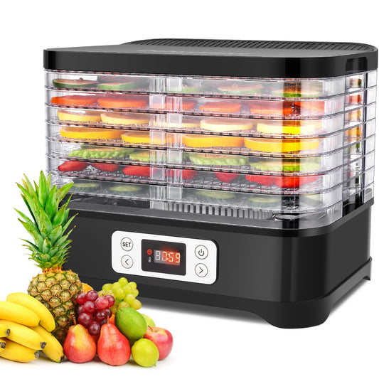 Meykey žāvēšanas automāts ar temperatūras regulatoru, žāvēšanas iekārta pārtikai, 400 W elektriskā žāvēšanas iekārta, nerūsējošā tērauda žāvēšanas mašīna ar laika rādītāju, taimeri un temperatūras regulēšanu (35-70°), BPA brīva, melna