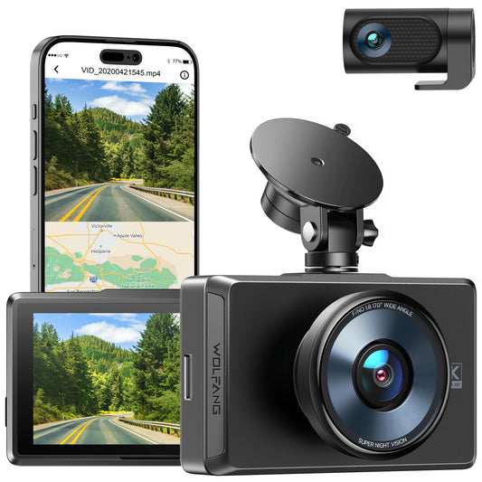 WOLFANG Dashcam automašīnai priekšā un aizmugurē, 4K divkārša dash cam, GPS WiFi dash cam, automašīnas paneļa ierakstītājs, 3" IPS ekrāns, nakts redzamība, cikla ieraksts 170 ° plašais leņķis WDR, atbalsta 256 GB maksimāli