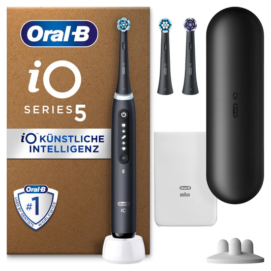 Oral-B iO Series 5 Plus Edition elektriskā zobu birste, elektriskā zobu birste, ieskaitot 3 uzlikamās sukas, 5 tīrīšanas režīmi zobu kopšanai, ceļojumu etuijs, izstrādājusi Braun, matēts melns