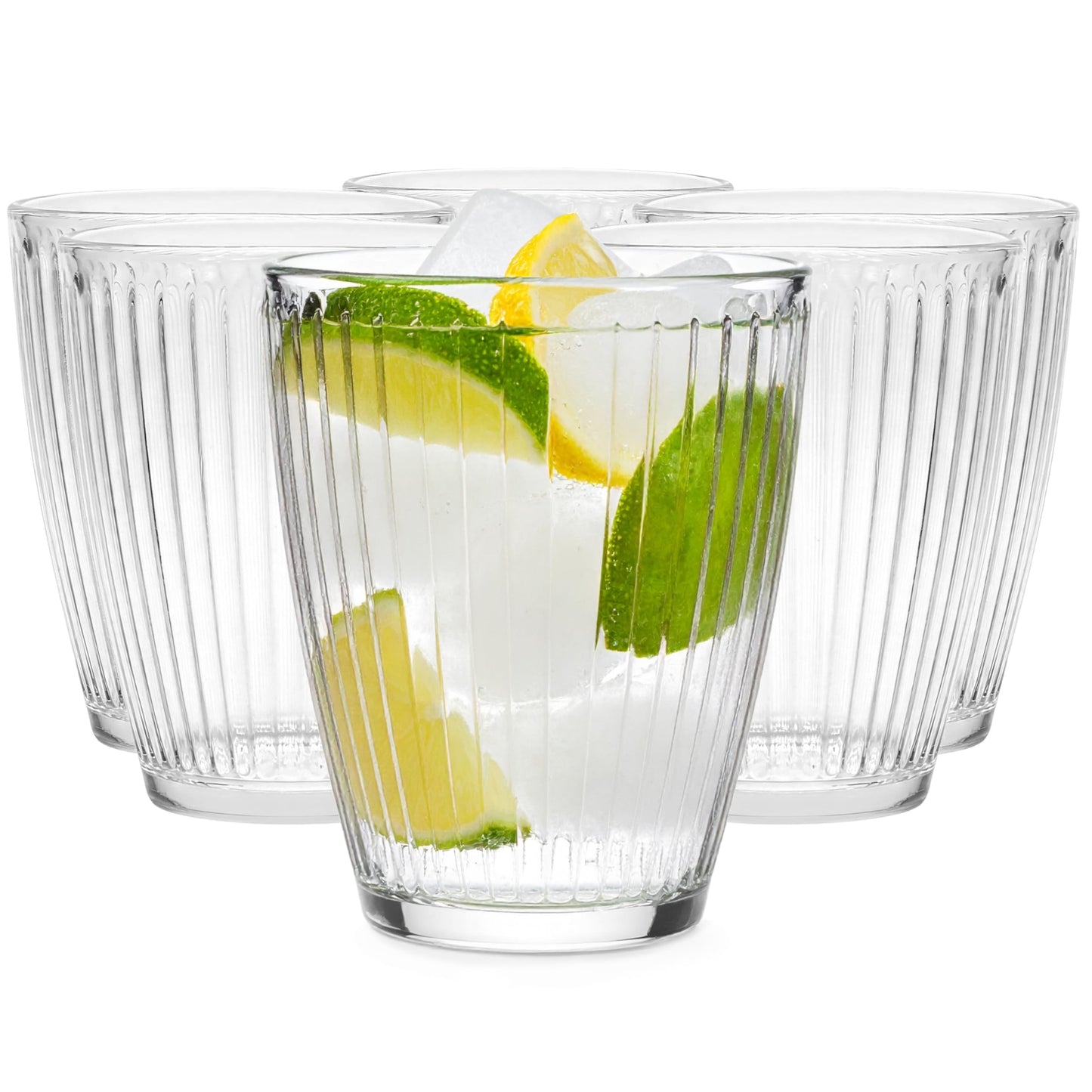 Stikla glāzes Wasser, Säfte und Drinks – Glasmark Krosno 1992, 6 gab. komplekts 330 ml, caurspīdīgas, rievotas, zemas ūdens glāzes mājai un HoReCa