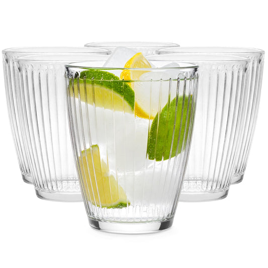 Stikla glāzes Wasser, Säfte und Drinks – Glasmark Krosno 1992, 6 gab. komplekts 330 ml, caurspīdīgas, rievotas, zemas ūdens glāzes mājai un HoReCa