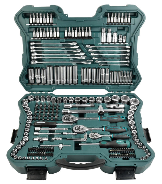 Uzgaļu un galviņu komplekts Brüder Mannesmann 1/4 Zoll, 3/8 Zoll, 1/2 Zoll, 215-daļīgs - instrumentu kaste ar sprūdratiem, skrūvgriezi, sešstūra atslēgām, pagarinājumiem, galviņām un bitiem|M98430