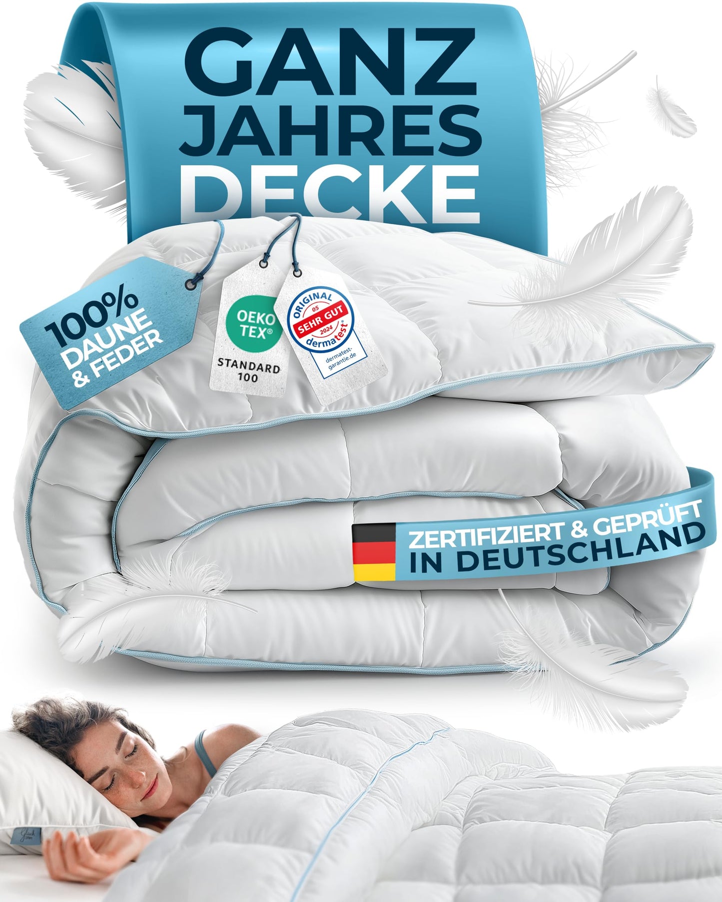 Glückstoff® spalvu un dūnu sega 135x200cm [sertificēta Vācijā] - dūnu un spalvu sega, segas pārvalks, virssega, gultas sega, vasaras un ziemas sega - duvet (vissezonas sega)