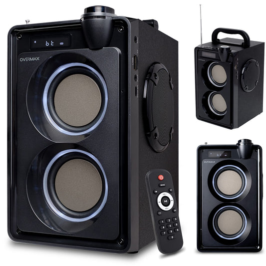 Overmax Soundbeat 5.0 Bluetooth skaļrunis, USB, SD, AUX radio, 20 W, karaoke funkcija, audio failu atskaņošana, FM radio, Mini Jack 3,5 mm, USB, AUX akumulators, 3600 mAh 8 stundas darbības.