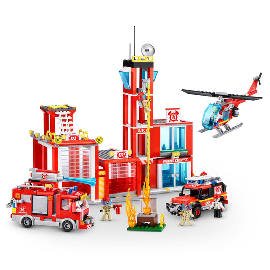 Max Build More 83165 - Ugunsdzēsēju stacija ar celtniecības klucīšiem, transportlīdzekļiem, rotaļlieta bērniem no 5 gadiem.