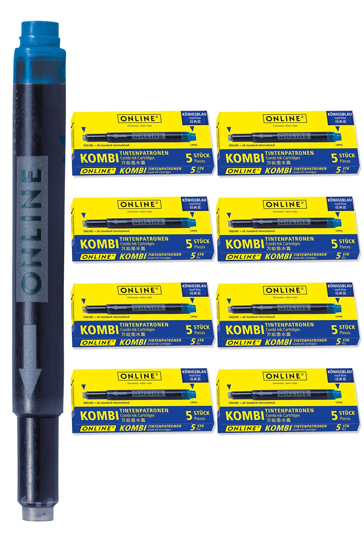 Tintes patronas ONLINE 40x saderīgas ar LAMY, zilas, piemērotas Pelikan, Stabilo u.c., universālas, dzēšamas, tintes pildspalvām un rullīšiem, ekonomiska pakotne, karaliski zilas