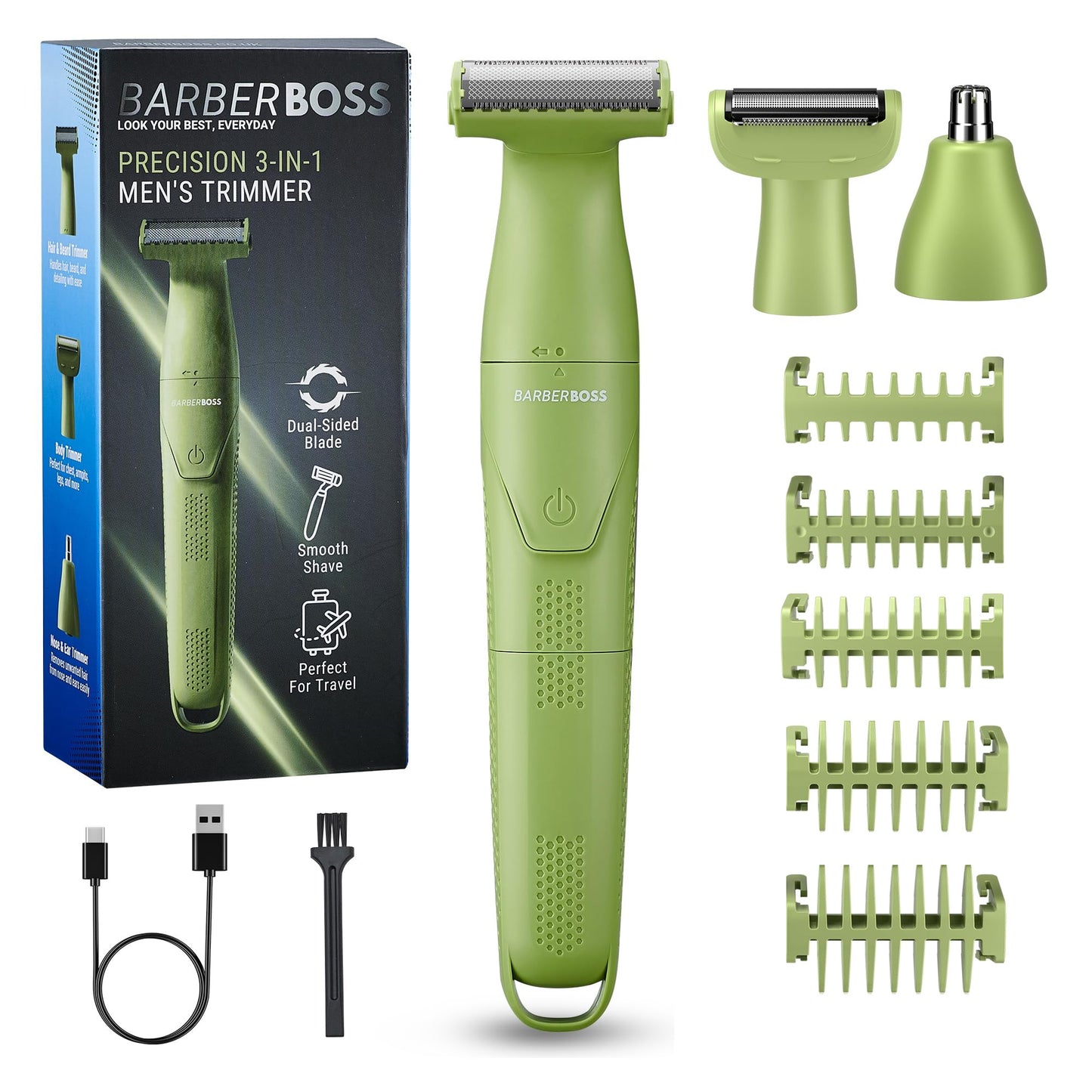 BarberBoss 3-in-1 precīzijas trimeris vīriešiem, bārdas un matu kopšanas komplekts, ķermeņa kopšana, deguna un ausu trimmeris, uzlādējams bezvadu skuveklis (Zaļš)