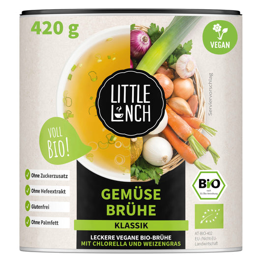 Bio dārzeņu buljons Little Lunch Gemüsebrühe Klassik, 100% bioloģiska kvalitāte, veģetārs, bez pievienota cukura, bez garšas pastiprinātājiem, bez rauga, bez palmu taukiem, bez mākslīgām piedevām, 420 g