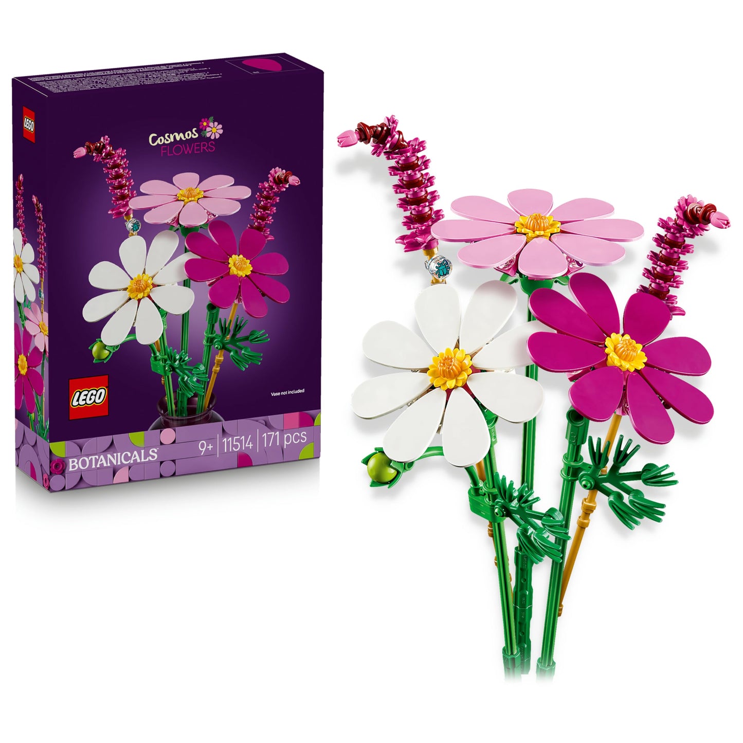 LEGO Botanicals kosmoss - mākslīgo ziedu pušķis ar 3 kosmoss ziediem un 2 zaļo astes stiebrzāles kātiem - DIY mākslīgie ziedi bērnu istabas dekoram - dzimšanas dienas dāvana meitenēm no 9 gadiem un pieaugušajiem - 11514