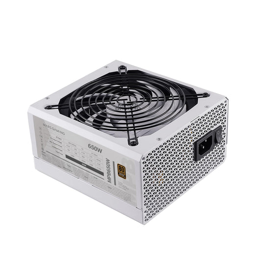 Mars Gaming MPB650 - 650W ATX power supply, 80Plus Bronze, 140mm FDB fan, AI-RPM Silent, 90% efficiency, white, 6-year warranty.