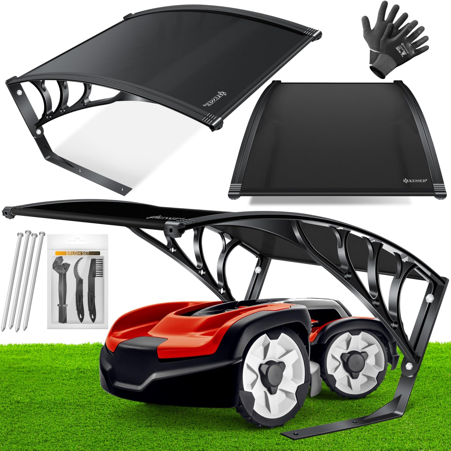 Zāles pļāvēja robota garāža KESSER®, nojume ar jumtu, izturīga pret laikapstākļiem, piemērota Automower, ar cimdiem un suku komplektu, 82x103x47cm, melna
