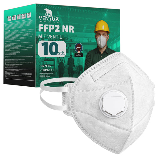 FFP2 respirators NR ar vārstu, 10 gab., kakla lentes, EN 149 CE 0370
