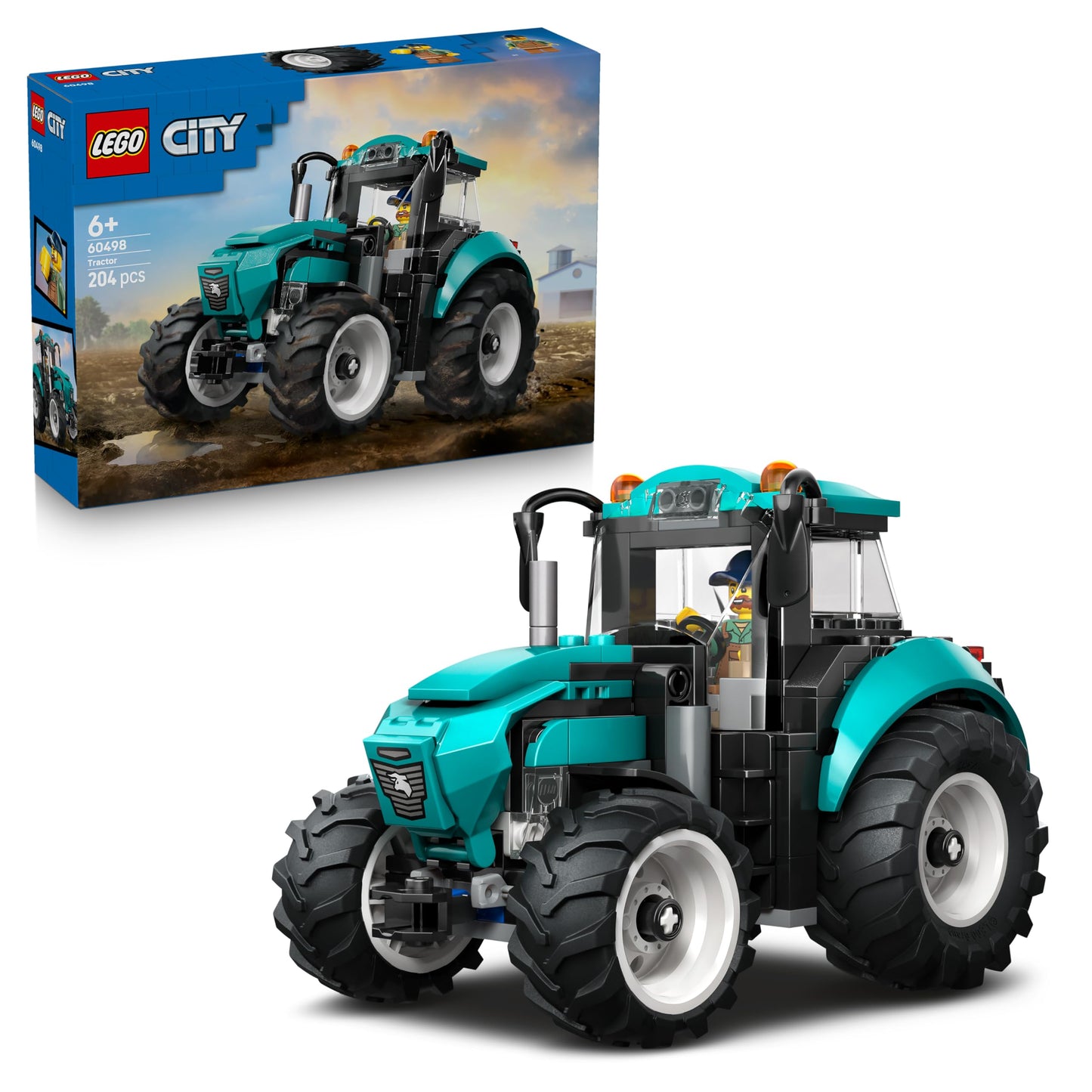 LEGO City traktors — rotaļu fermas transportlīdzeklis ar zemnieka minifigūru, modelis 60498, dzimšanas dienas dāvana zēniem no 6 gadiem un tehnikas faniem