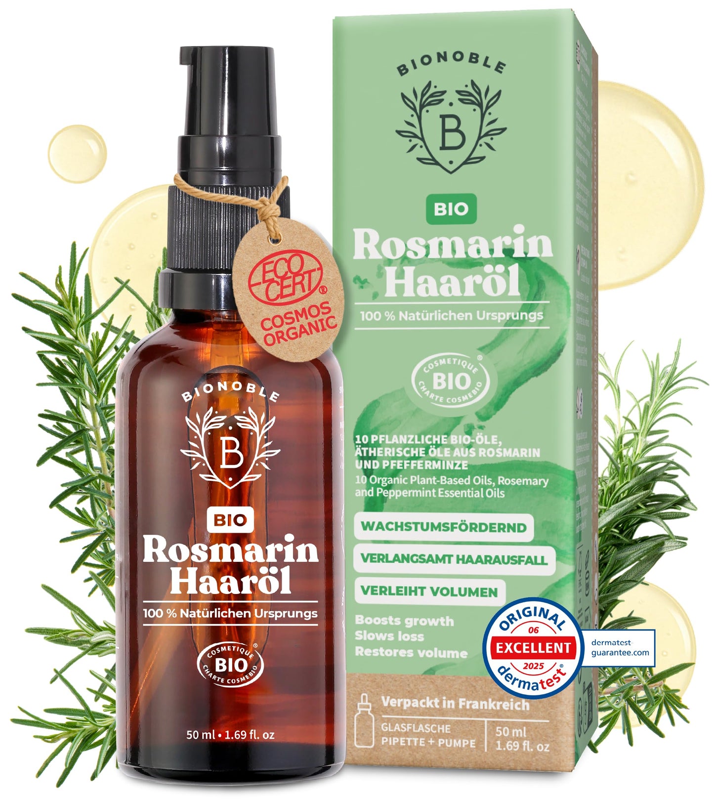 BIONOBLE rozmarīna eļļa matiem Bio, matu eļļa augšanai, galvas ādai un bārdai, 50ml