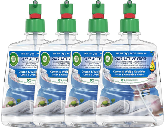 Automātiskā gaisa atsvaidzinātāja uzpildes Air Wick Active Fresh, Cotton & White Orchid aromāts, bez aerosola, 4 x 228 ml