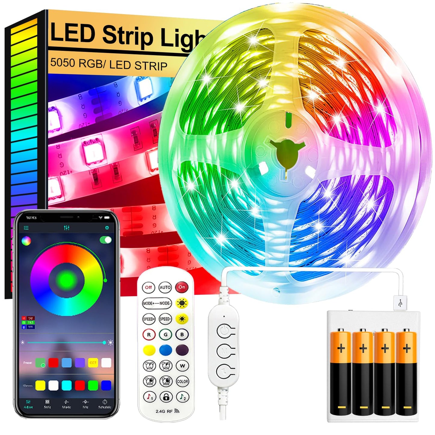 LED sloksne FUPT ar bateriju, 5 metri 150 LED pašlīmējoša lente, ar baterijām, Bluetooth mūzikas sinhronizācija, taimera iestatījums, dimmējama, krāsu maiņa, LED gaismu virtene, gaismas lenta istabai, ballītēm, dekoram