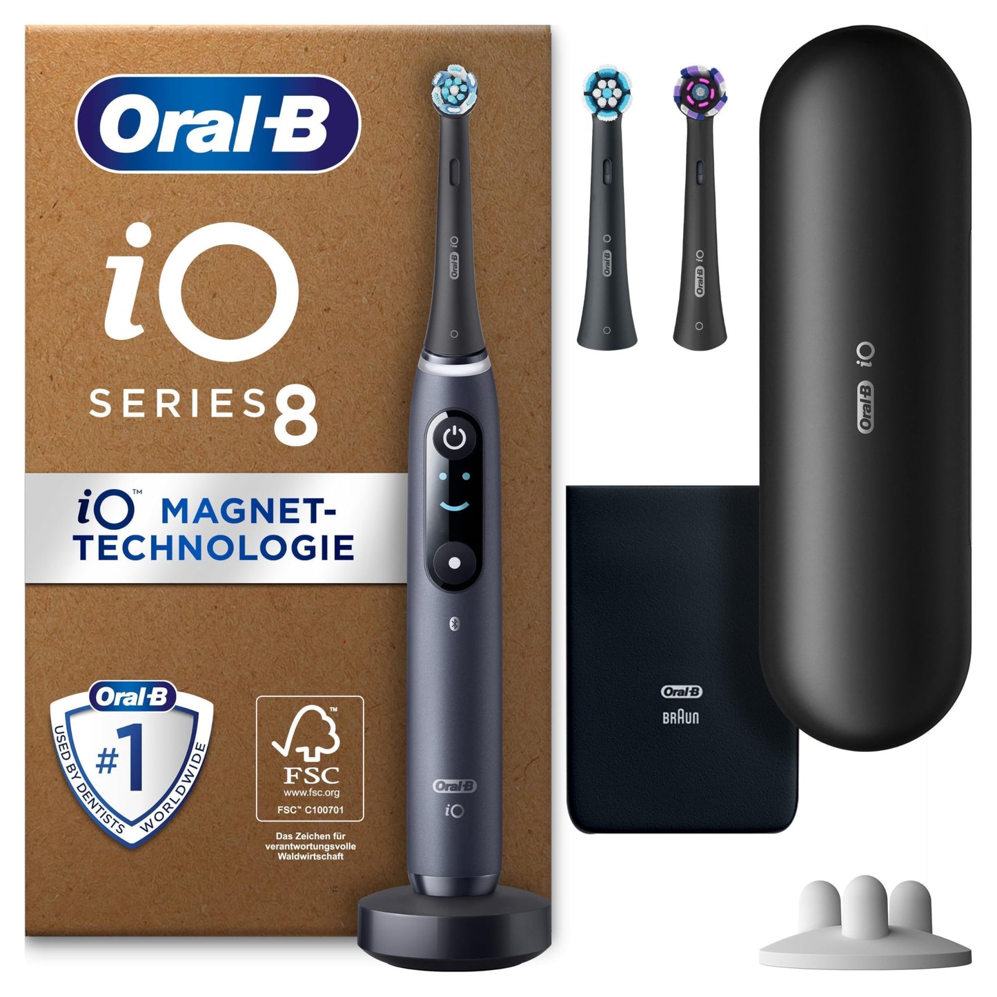 Oral-B iO Series 8 Plus Edition elektriskā zobu birste, PLUS 3 uzlikamās sukas, ieskaitot balināšanu, magnētiskais etuijs, 6 tīrīšanas režīmi, izstrādājusi Braun, dāvana vīrietim/sievietei, melnā oniksa