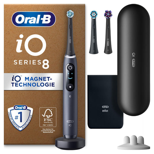 Oral-B iO Series 8 Plus Edition elektriskā zobu birste, PLUS 3 uzlikamās sukas, ieskaitot balināšanu, magnētiskais etuijs, 6 tīrīšanas režīmi, izstrādājusi Braun, dāvana vīrietim/sievietei, melnā oniksa