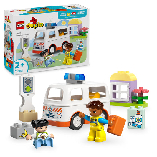 LEGO DUPLO ātrās palīdzības mašīna - mācību rotaļlieta ar vadītāju, veicina loģisko domāšanu un pirkstu veiklību.