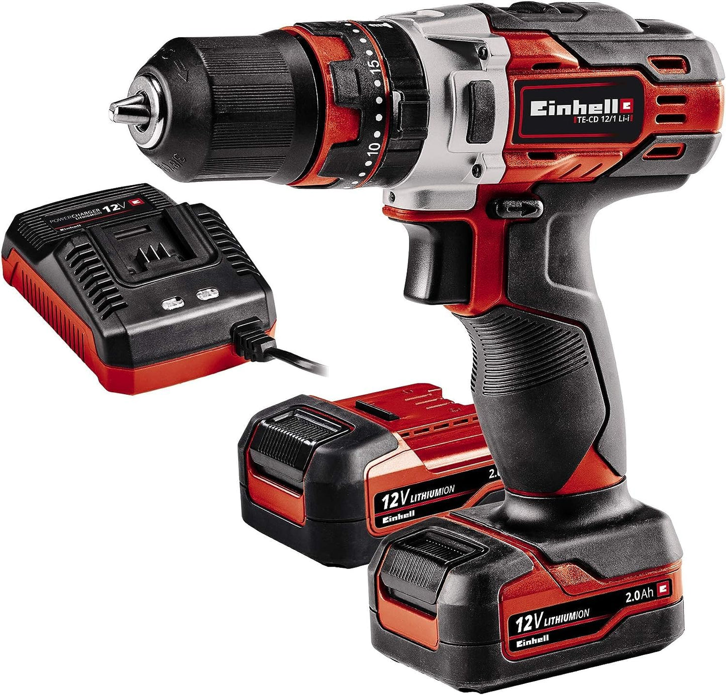 Einhell TE-CD 12/1 Li-i - 12V cordless impact drill, 22 torque settings, 2-speed gearbox, LED light, includes 2x 2.0Ah batteries.