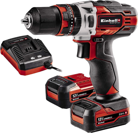 Einhell TE-CD 12/1 Li-i - 12V cordless impact drill, 22 torque settings, 2-speed gearbox, LED light, includes 2x 2.0Ah batteries.
